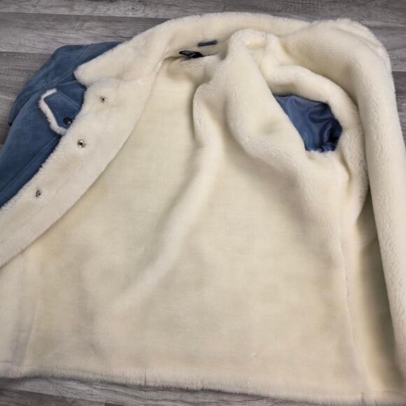 Vintage Blue Suede Penny Lane Jacket Faux Shearling Size Small 90s - Picture 6 of 8